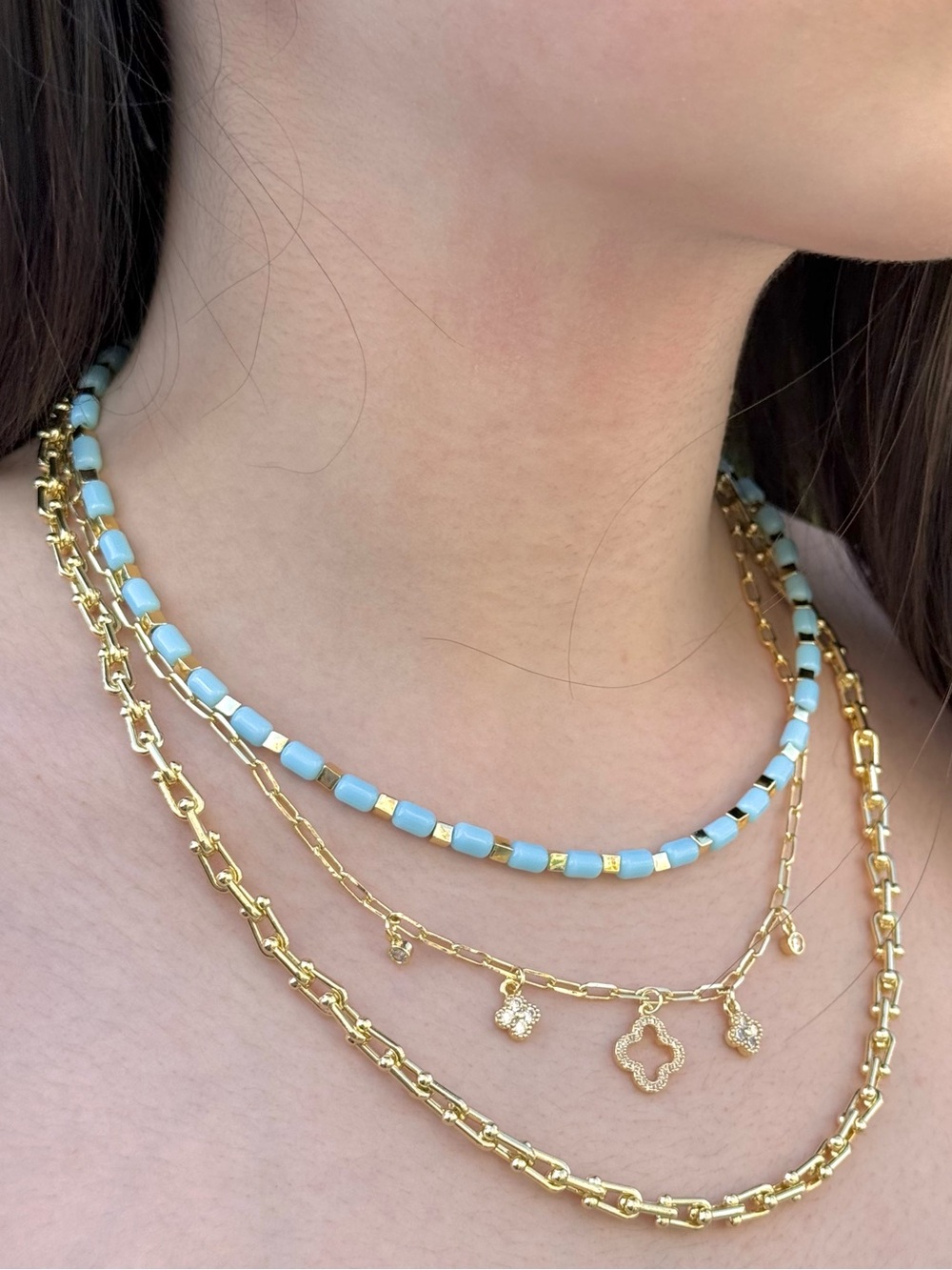 Minimalist Light Blue Bead & Gold Tone Accent Necklace Summer Adjustable Choker